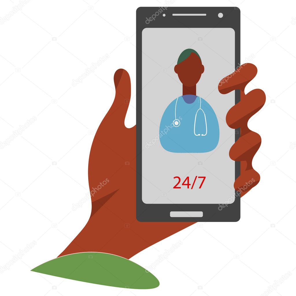 Hand holding smartphone with virtual doctor concept.
