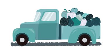 Beyaz arka planda sonbahar hasat balkabakları olan geri dönüşlü deniz mavisi kamyonu