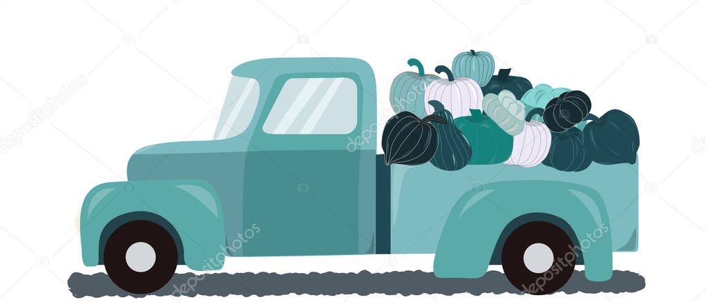 Retro teal truck with fall harvest pumpkins on white background