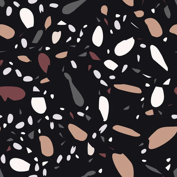 Modern terrazzo naadloos patroon op zwart. — Stockvector