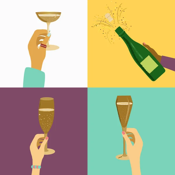 Ludzkie ręce podniesione trzymając stylowe kieliszki szampana. — Wektor stockowy