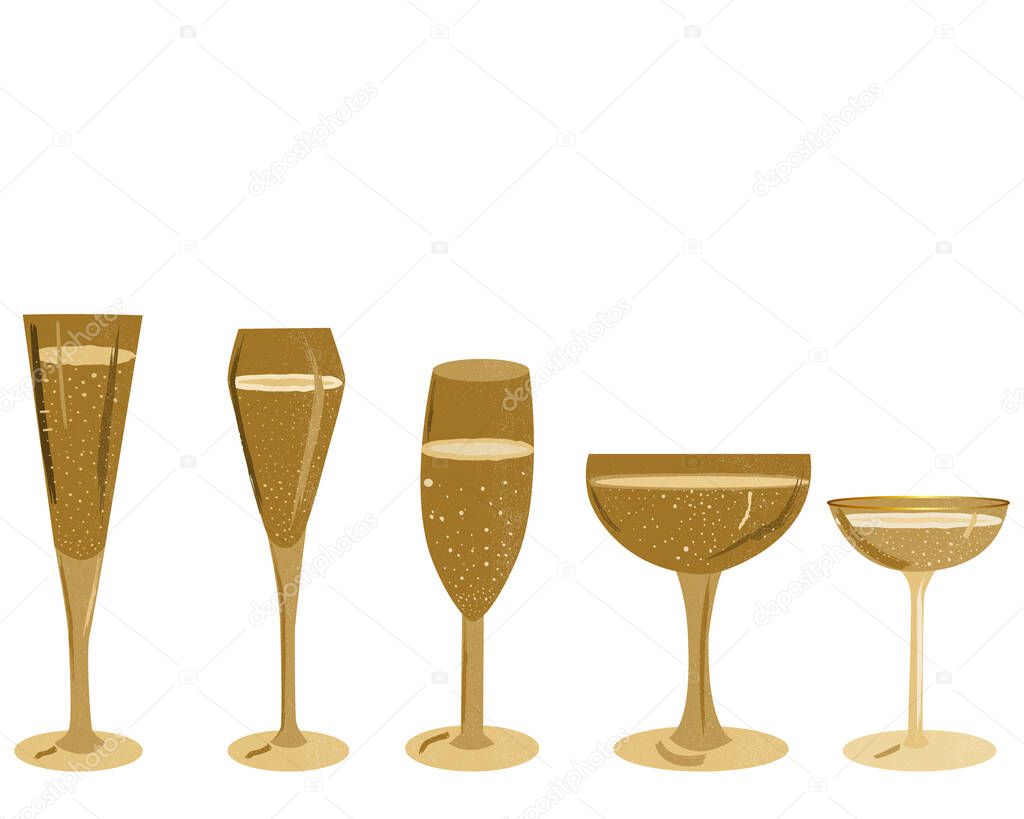 Variety of elegant champagne glasses with trendy texture