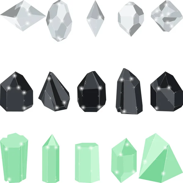 Białe Czarne Diamenty Zielone Szmaragdowe Klejnoty Kryształowe Odizolowane Białym Tle — Wektor stockowy