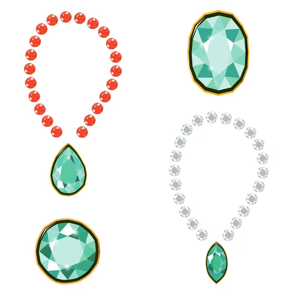 Elegante Collar Gemas Diamantes Color Verde Intenso Rubí Blanco Aislado — Vector de stock