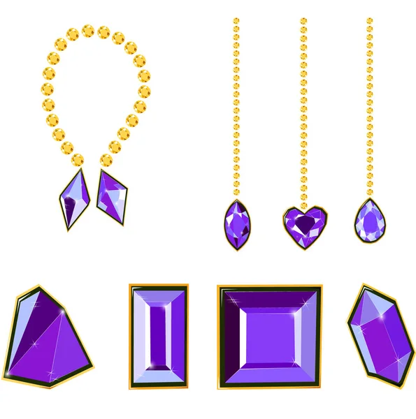 Fancy Vivid Purple Diamond Gems Diamond Chains Isolated White Background — Stock Vector