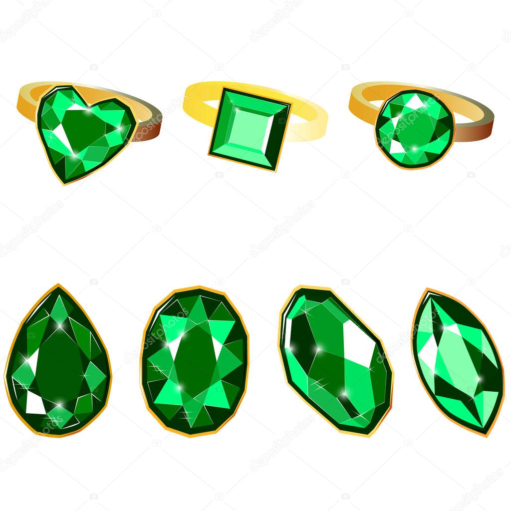 Fancy vivid emerald diamond gems and golden rings isolated on white background. Vector illustration jewels or precious diamonds gem set. Diamonds set.