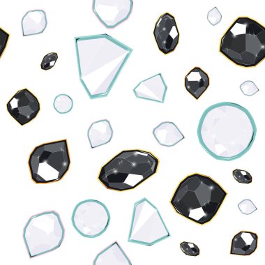 Beyaz arka planda siyah ve beyaz değerli taşlar kusursuz vektör deseni. Lüks mücevherler geometrik değerli nesneler. Kapak, afiş, arkaplan, kart afişi, poster tasarımı için.