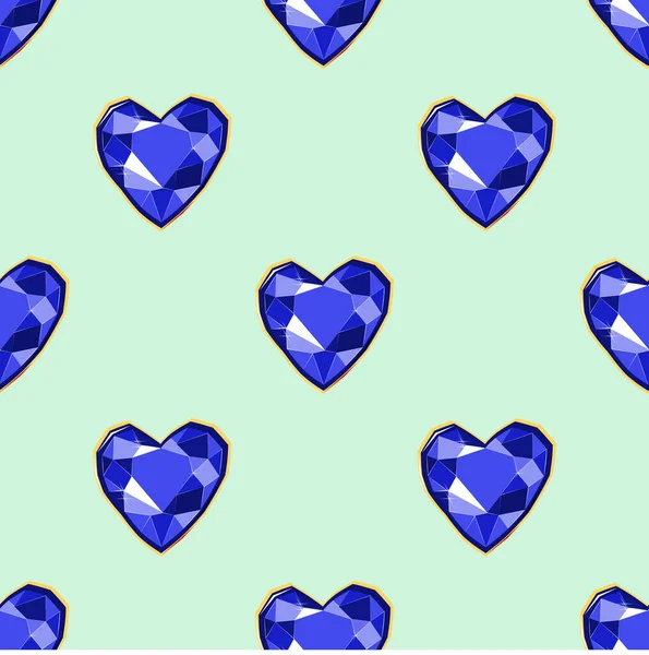 Corazón Diamante Azul Gemas Patrón Sin Costura Sobre Fondo Turquesa — Vector de stock