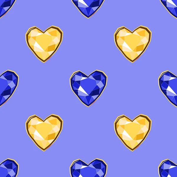 Yellow Blue Diamond Heart Gems Seamless Pattern Blue Backdrop Luxury — Stock Vector