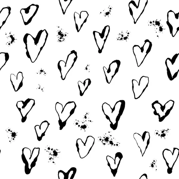 Ink Texture Hearts Seamless Pattern Black Design White Background Love — Stock Photo, Image