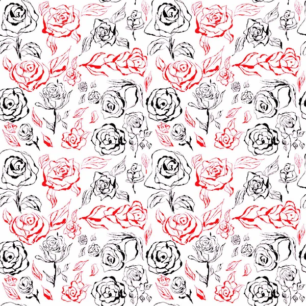Черные Красные Розы Бесшовный Узор Белом Фоне Ручной Рисунок Текстура — стоковое фото