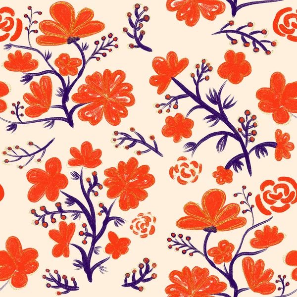 Πορτοκαλί Λουλούδι Απρόσκοπτη Μοτίβο Μπεζ Φόντο Ασιατικό Σχέδιο Σχέδιο Λουλουδιών — Φωτογραφία Αρχείου