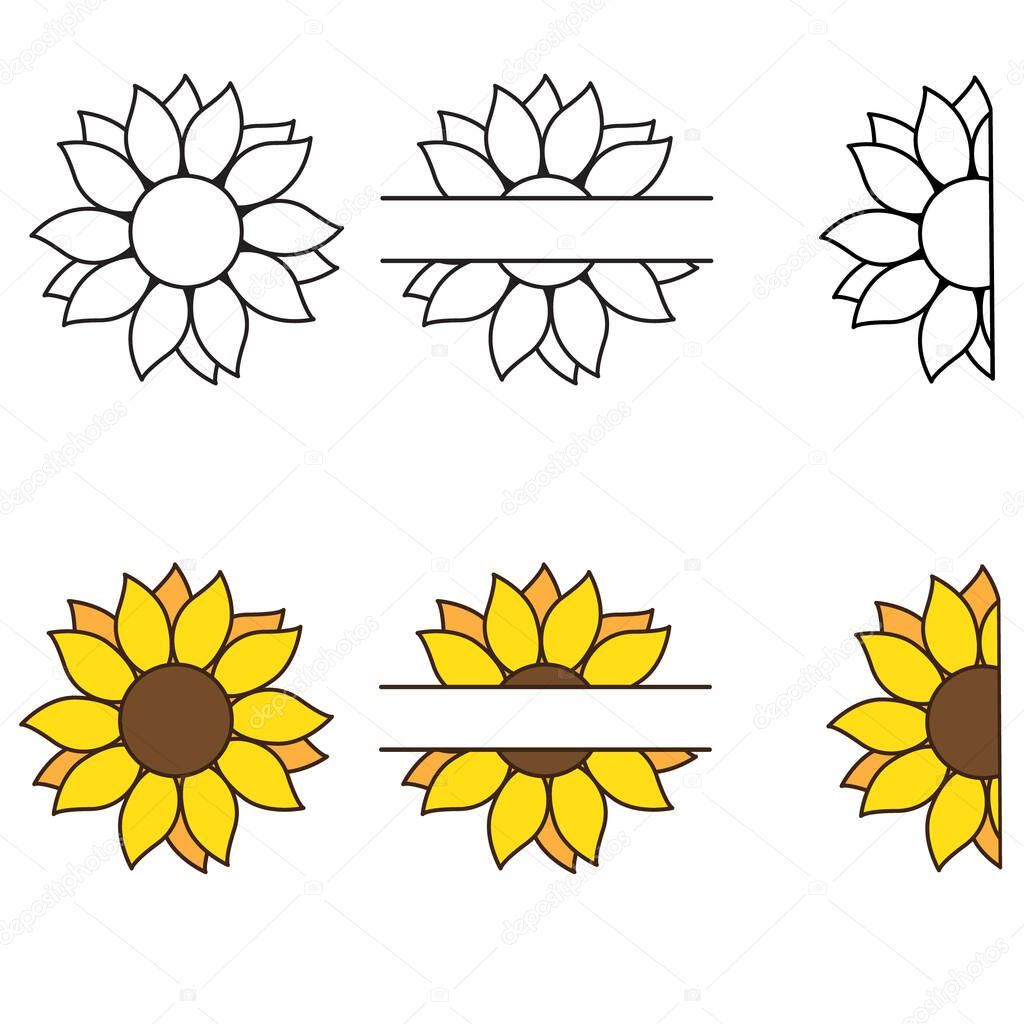 Sunflower set in color and outline style. Decorative design template for logo, label, decor printing. Vector illustration.