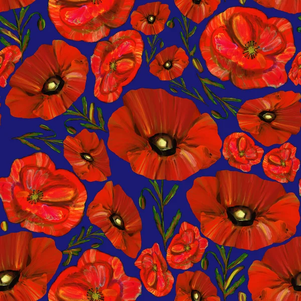 Red Poppies Seamless Pattern Blue Background Wildflower Endless Backdrop Design — Stok fotoğraf