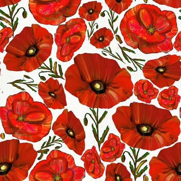 Czerwony Mak Bezszwowy Wzór Białym Tle Wildflower Tło Piękna Ozdobna — Zdjęcie stockowe