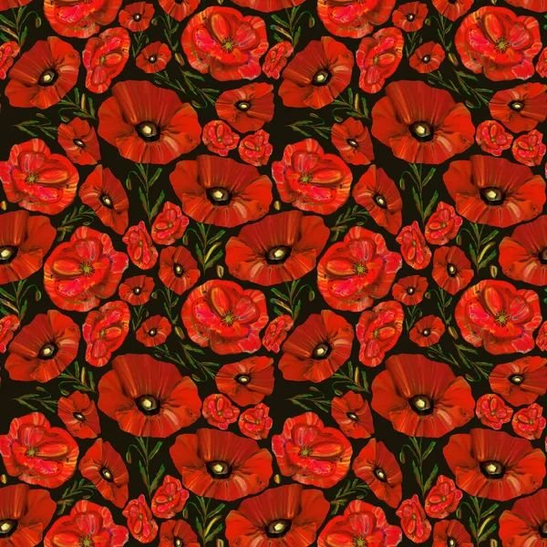 Red Poppies Seamless Pattern Black Background Wildflower Endless Backdrop Design — Stok fotoğraf