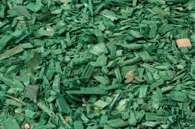 Dekoratif ahşap yongaları. Bitkiler çiçek yatak ve çimler üzerinde korumak için doğal parlak yeşil renkli ahşap talaşı. Seçimli-e doğru agrofibers.