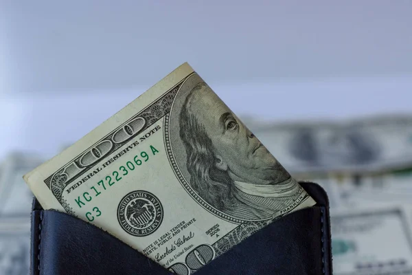 One Hundred Dollar Bills Black Leather Wallet Man Holds Black — Stock Photo, Image