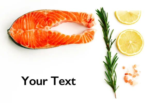 Set Products Raw Piece Fresh Sea Salmon Sprig Rosemary Lemon — Stock Photo, Image