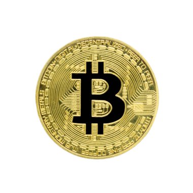 Siyah cryptocurrency simgesi olan sarı bitcoin para. Düz yatıyordu. Üstten görünüm. Beyaz arka plan üzerinde izole.