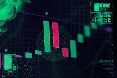 Japon mum ve uzayda yeşil neon hologramlar ile arka soğuk mali plan. Hisse senedi Alım Satım bir hologram ve zamanlama ile kavramı.