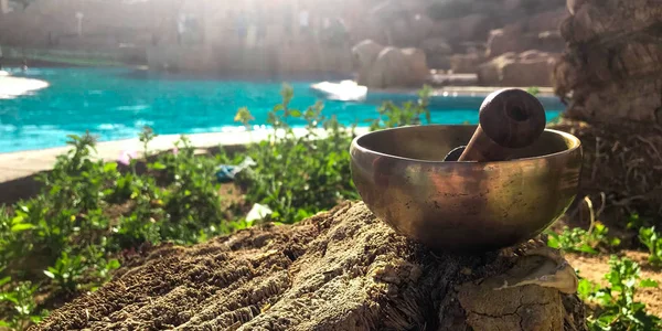 Güneşin arka planda Tibet şarkı kase su güneş enerjisi ile ücret uygulanır. Denge ve ses Terapisi için yoga alternatif tıp. Tibet singing bowl ses terapisi ve yoga için