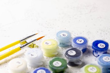 Kapları numaralarına göre ev resim boyaları ile kümesi. Hobi resim tuval ile akrilik rakamlarla boyar. Boya fırçaları ve renkli boyalar. Sarı fırçaları ile.