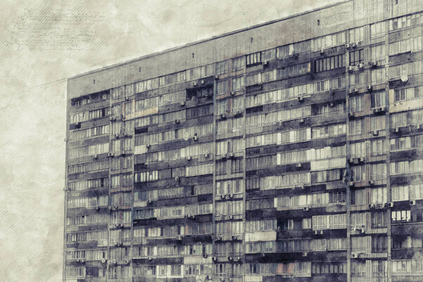 Old abandoned multi-storey building. Illustration on gray old canvas. Panel high-rise building. The concept of cheap abandoned housing.