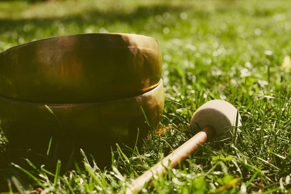 Deux bols acoustiques népalais avec un bâton de choc reposent sur l'herbe . — Photo