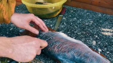 Bir adam somon balığını pullardan temizler. Elleri yakın çekim ve balığa bıçak..