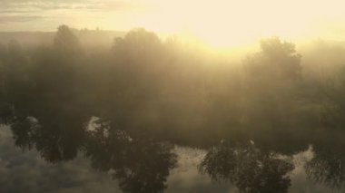 Sabahın erken saatlerinde kırsal kesimde, güneş ışığına karşı ağaçların arasında bir nehirden drone uçurmak.