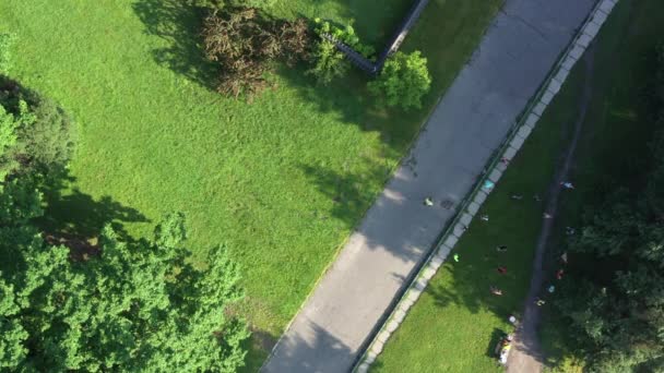 Een persoon loopt langs een pad in een zomerpark. Ochtendrit in het park naast de sporters die 's ochtends hun sportieve oefeningen doen. — Stockvideo