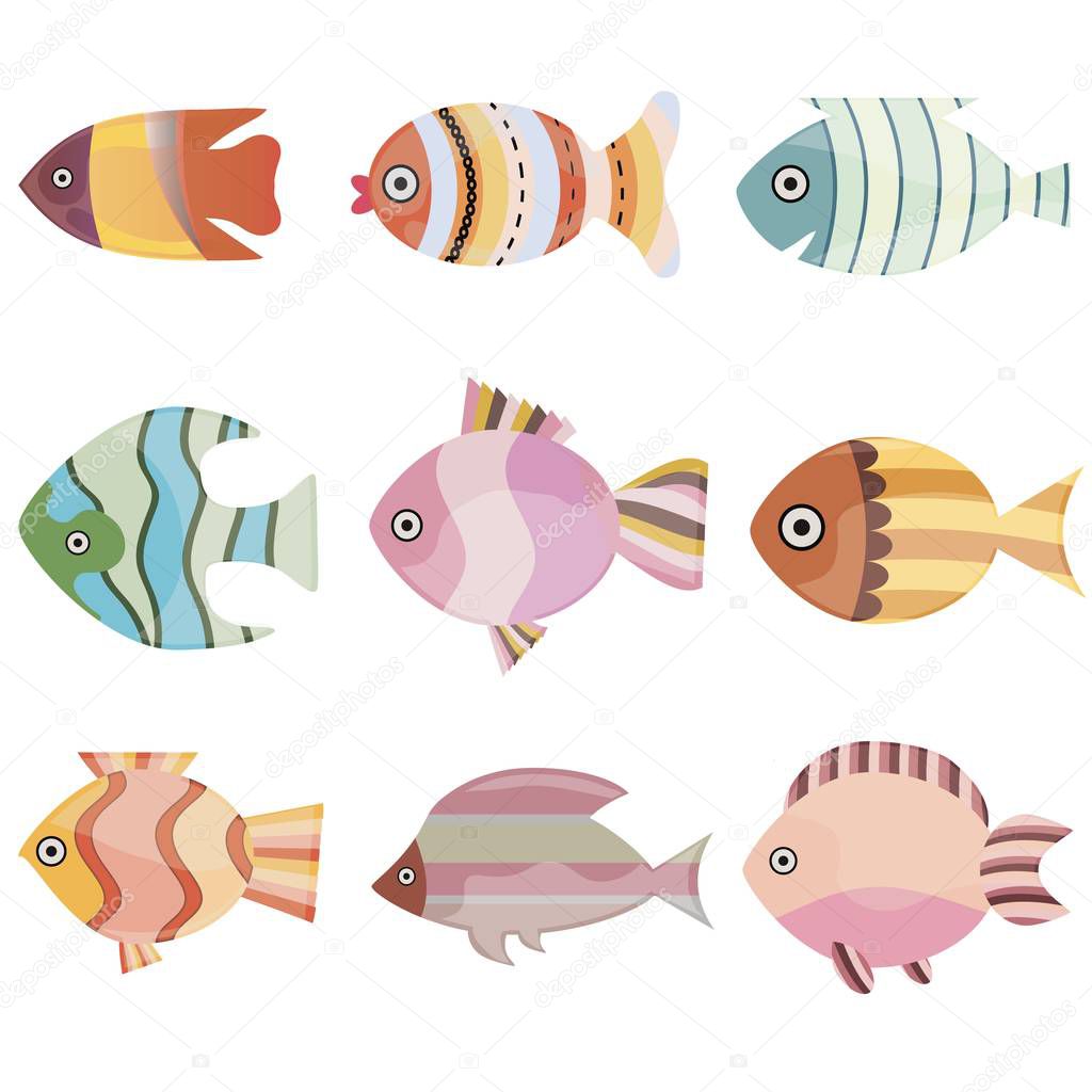 Colorful fish set vector illustration. Sea or ocean fish collection isolated on white background.