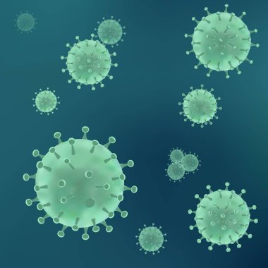 Gerçekçi virüs yeşil backgorund tarihinde microscop altında. Bakteri virüs, mikroorganizma hücreleri. 3D vektör çizim