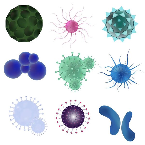 Isolated realistic vector set viruses and bacteria. Viruses and bacteria under microscope. Concept Infected and Illness cell, disease-causing microorganism.