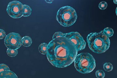 3D çizim hücrenin bir canlı organizma, bilimsel kavram. İllüstrasyon mavi bir arka plan üzerinde. Moleküler seviyede bir mikroskop altında hücre yapısı. şifreli Dna hücre.