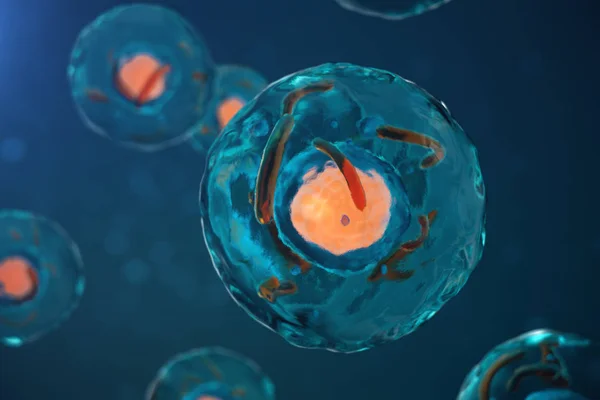 3D illustration cell of a living organism, scientific concept. Illustration on a blue background. The structure of the cell at the molecular level, under a microscope. encrypted DNA in the cell.