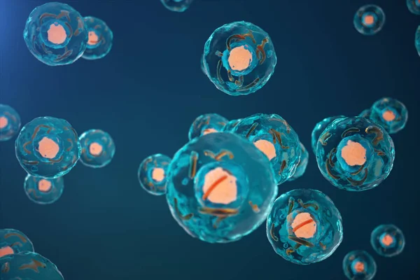 生きている有機体、科学的概念の 3 d の図のセルです。青色の背景の図。顕微鏡下で、分子レベルで細胞の構造。セルに暗号化された Dna. — ストック写真