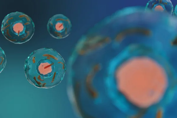 3D illustration cellen av en levande organism, vetenskapliga begrepp. Illustration på en blå bakgrund. Strukturen i cellen på molekylär nivå, under ett mikroskop. krypterade Dna i cellen. — Stockfoto