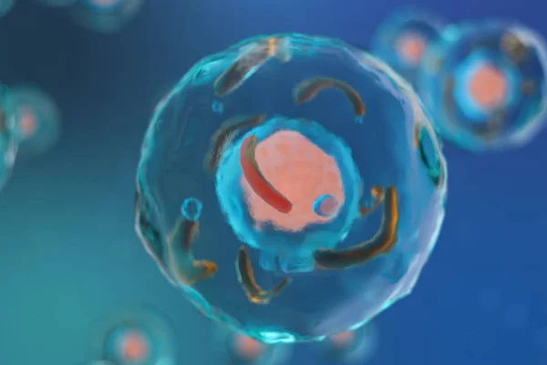 生きている有機体、科学的概念の 3 d の図のセルです。青色の背景の図。顕微鏡下で、分子レベルで細胞の構造。セルに暗号化された Dna. — ストック写真