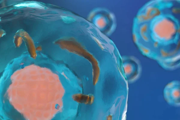 3D illustration cell of a living organism, scientific concept. Illustration on a blue background. The structure of the cell at the molecular level, under a microscope. encrypted DNA in the cell.