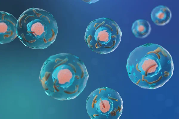 3D иллюстрационная клетка живого организма, научная концепция. Иллюстрация на синем фоне. Структура клетки на молекулярном уровне, под микроскопом. зашифрованная ДНК в клетке . — стоковое фото