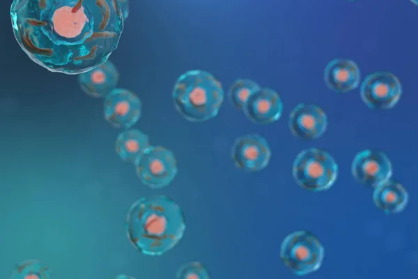 Celda de ilustración 3D de un organismo vivo, concepto científico. Ilustración sobre fondo azul. La estructura de la célula a nivel molecular, bajo un microscopio. ADN cifrado en la célula . —  Fotos de Stock