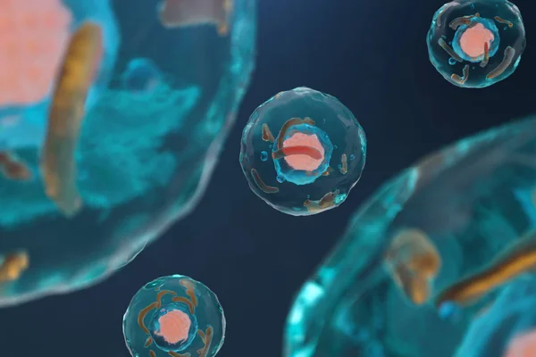 Cellula illustrativa 3D di un organismo vivente, concetto scientifico. Illustrazione su sfondo blu. La struttura della cellula a livello molecolare, al microscopio. DNA criptato nella cellula . — Foto Stock