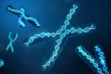 3D çizim genetik şifreyi taşıyan Dna ile X-Chromosomes. Genetik kavramı, tıp kavramı. Gelecekte, genetik mutasyonlar. Biyolojik düzeyinde genetik kod değiştirme.