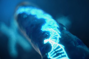 3D çizim genetik şifreyi taşıyan Dna ile X-Chromosomes. Genetik kavramı, tıp kavramı. Gelecekte, genetik mutasyonlar. Biyolojik düzeyinde genetik kod değiştirme.