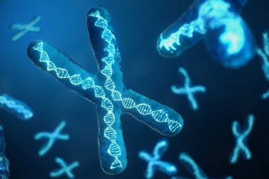 3D çizim genetik şifreyi taşıyan Dna ile X-Chromosomes. Genetik kavramı, tıp kavramı. Gelecekte, genetik mutasyonlar. Biyolojik düzeyinde genetik kod değiştirme.