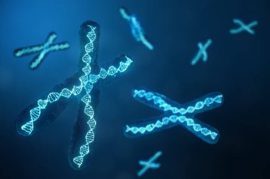 3D çizim genetik şifreyi taşıyan Dna ile X-Chromosomes. Genetik kavramı, tıp kavramı. Gelecekte, genetik mutasyonlar. Biyolojik düzeyinde genetik kod değiştirme.