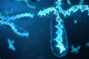 3D çizim genetik şifreyi taşıyan Dna ile X-Chromosomes. Genetik kavramı, tıp kavramı. Gelecekte, genetik mutasyonlar. Biyolojik düzeyinde genetik kod değiştirme.