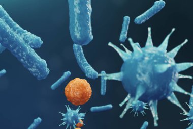 Arka plan virüs. Bilim ve tıp, vücudunda bağışıklık azaltılması kavramı. Grip virüsü, hepatit virüsü, canlı organizma enfekte hücreleri. 3D çizim